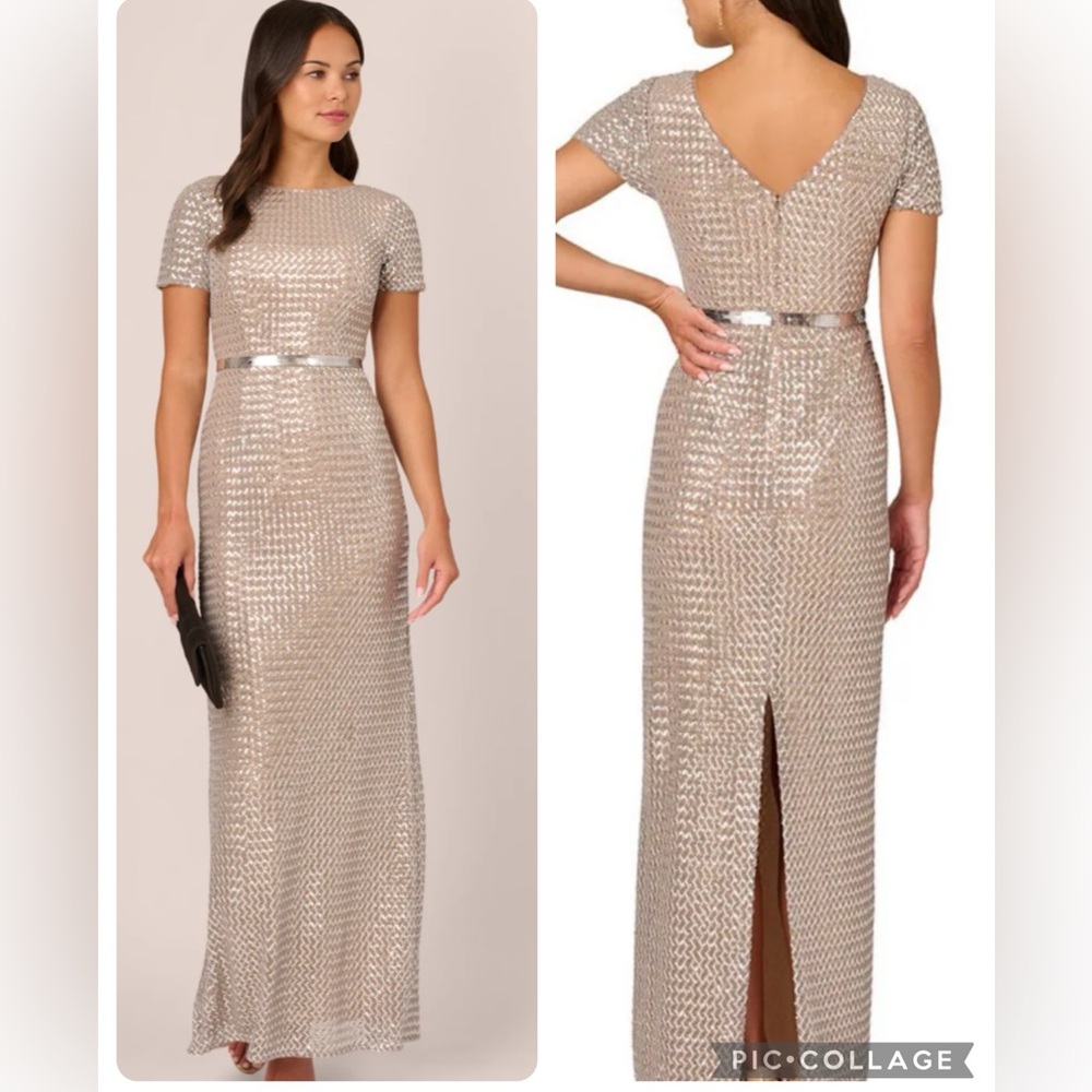 Adrianna papell sequins short sleeve column embellished waist long gown